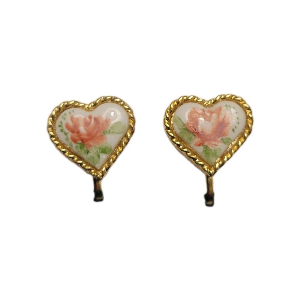 Vintage Clip On Gold Heart Handpainted Rose Enamel Earrings Cottage Dainty Twee